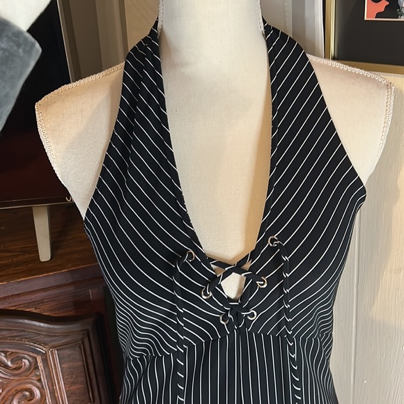 Pia, black, pinstripe, halter top jump suit. Size Large. - Picture 4 of 5